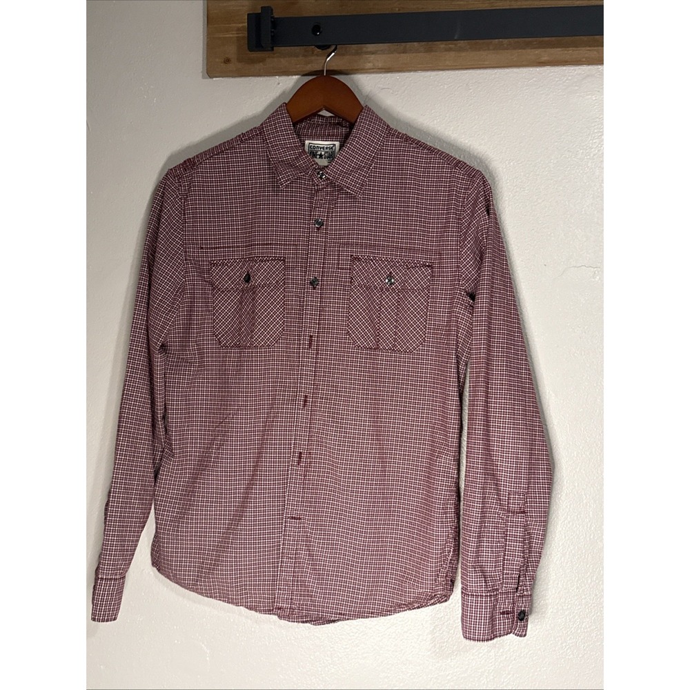 Converse One Star Long Sleeve Button Up Shirt Red Plaid Pocket Men's Medium